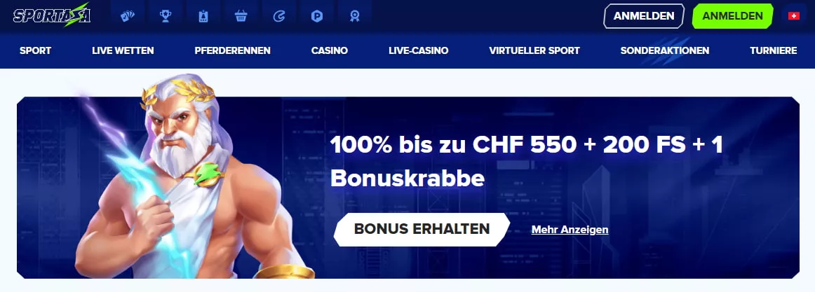 Sportaza Willkommensbonus CHF 500 + 200 Freespins + Bonuskrabbe