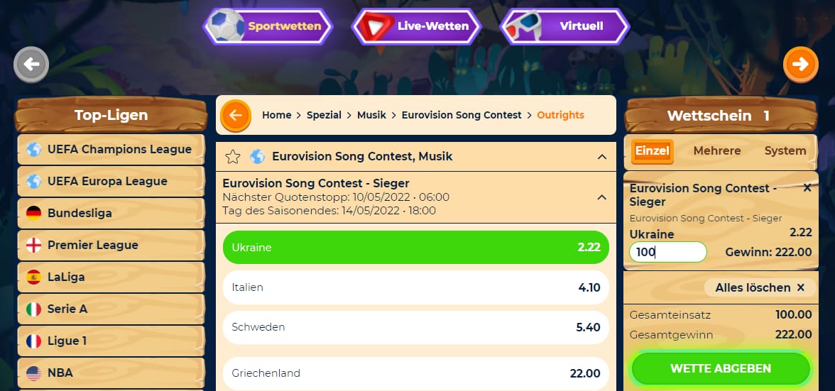Eurovision Song Contest Wetten bei Wazamba Sportwetten