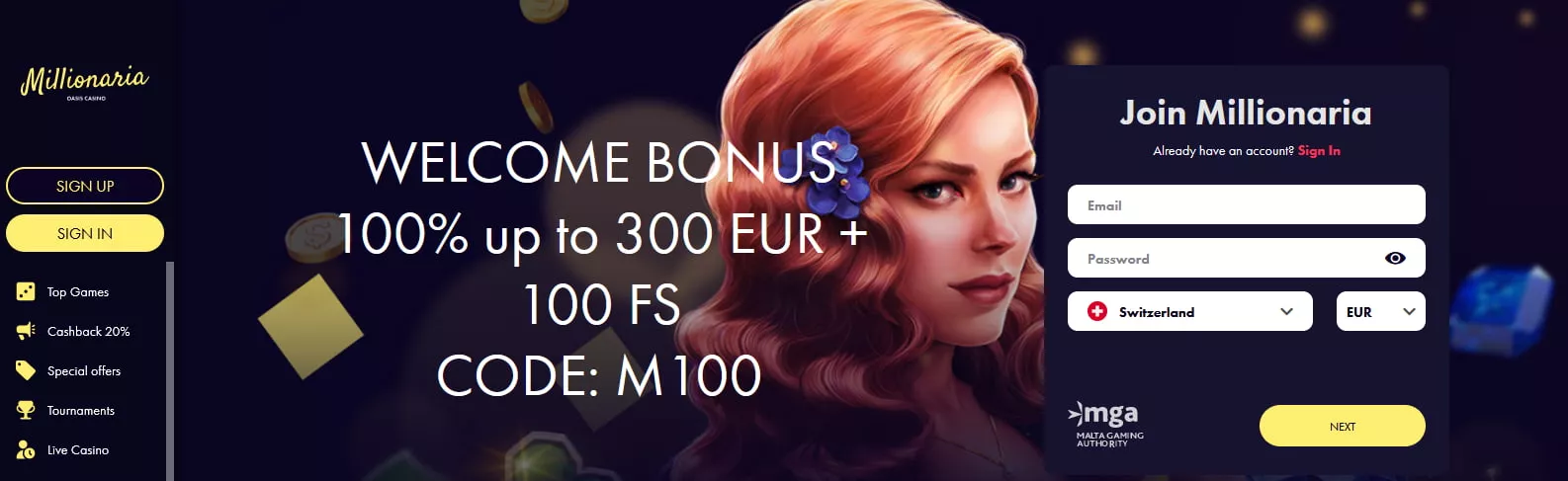 Millionaria Bonus Code M100 bis 300€ + 100 Freispiele